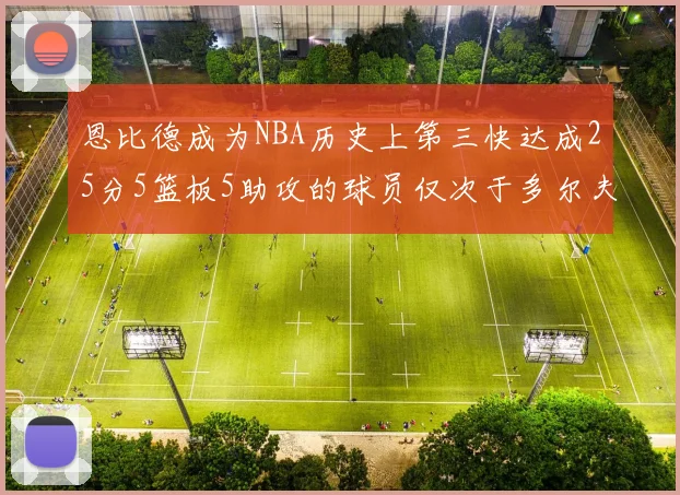 恩比德成为NBA历史上第三快达成25分5篮板5助攻的球员仅次于多尔夫谢伊斯和库里